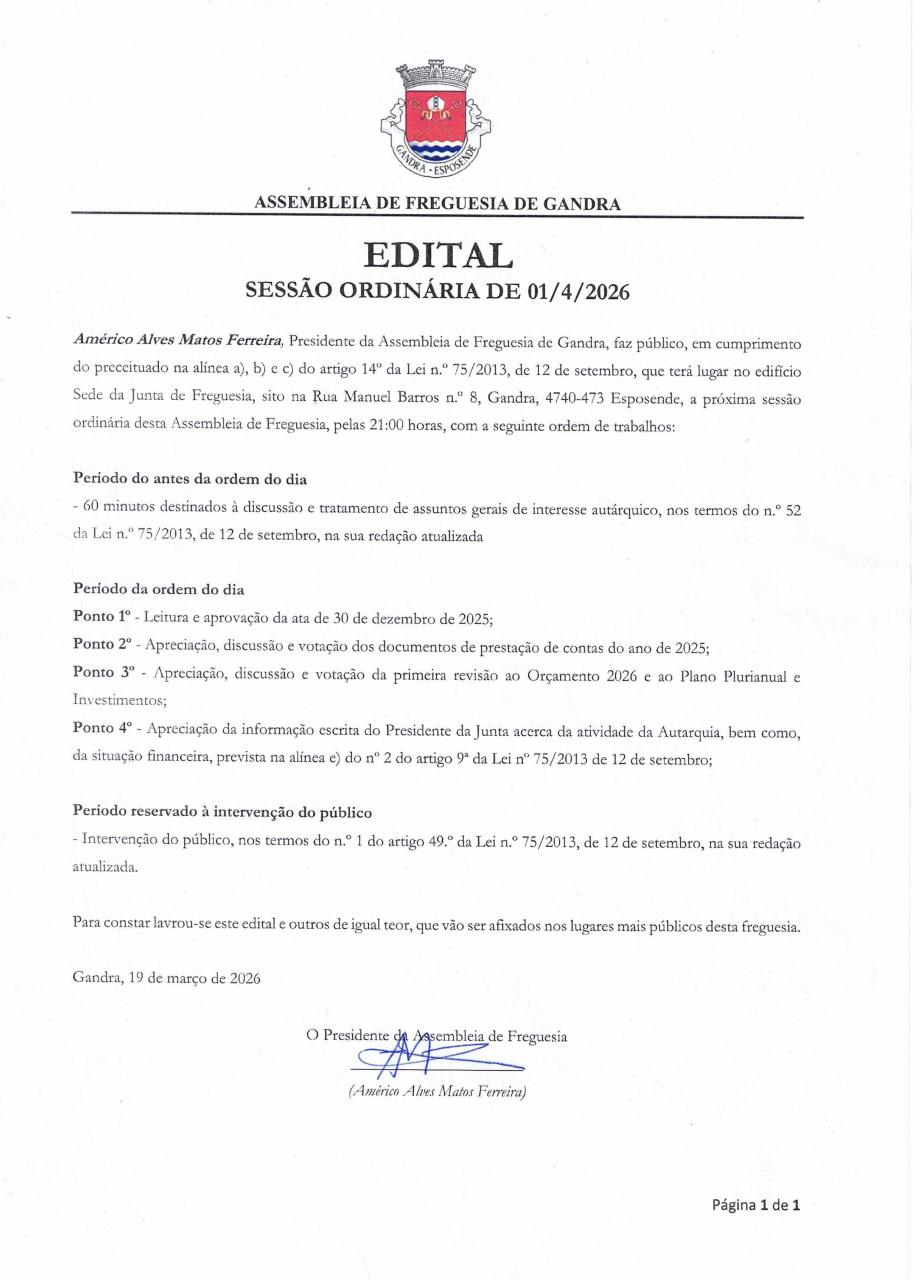 Sess&atilde;o Ordin&aacute;ria da Assembleia de Freguesia